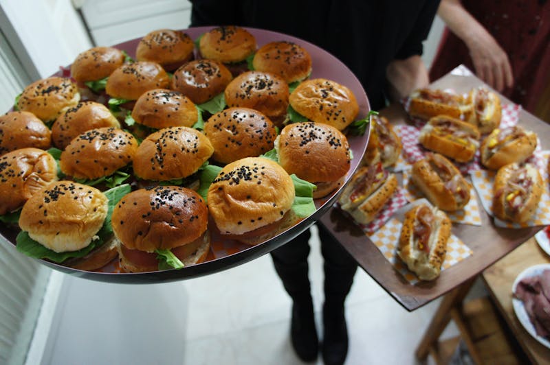 Corporate catering event with Jet's Pizza spread